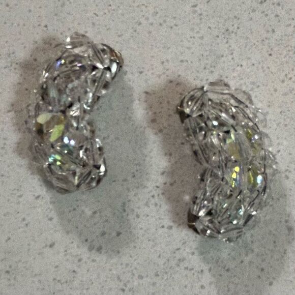Gorgeous Vintage Clip On AB Earrings Wire Wrapped Huggers Aurora Borealis EUC - Picture 3 of 6